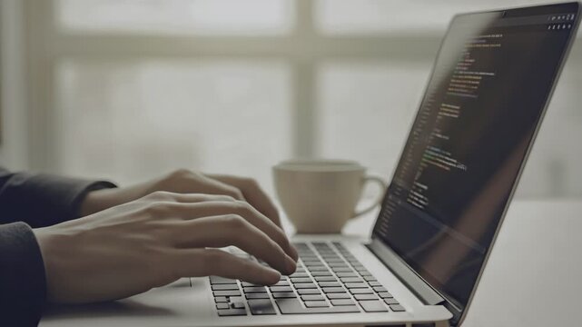 Person typing code on laptop keyboard with coffee cup in background.