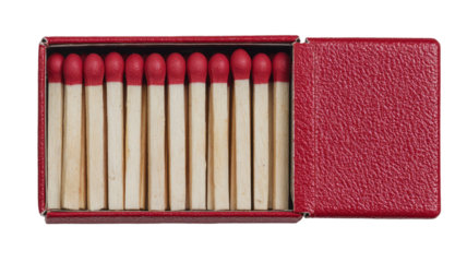  Red matchbox with striking design and removable lid, wooden matches inside, compact fire starter isolated on white background