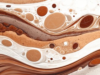 A flowing pattern of chocolate liquid, creating an abstract background with rich brown and orange hues on a white canvas.