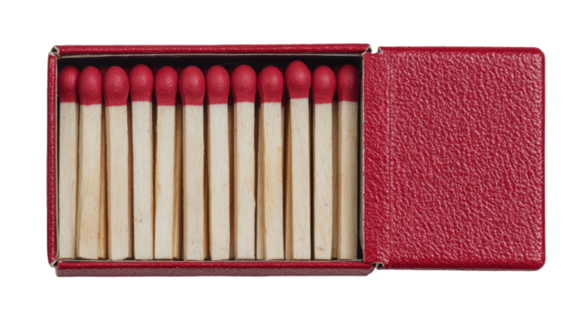  Red matchbox with striking design and removable lid, wooden matches inside, compact fire starter isolated on white background