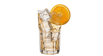 Isolated glass filled with soda, ice cubes, and orange slice. Summer drink refreshing