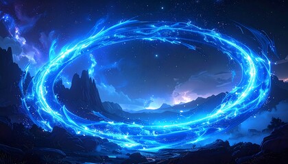 Luminous blue ring hovers above mountainous landscape under a starlit, cloudy night sky, radiating energy