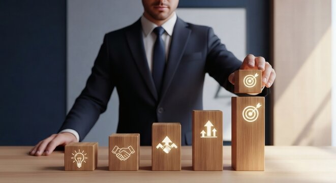 Business growth and success concept – idea, partnership, and goal achievement steps with wooden blocks in office background
