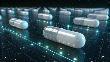 Sleek capsule design in futuristic digital landscape, surrounded by glowing lights and high tech atmosphere, evokes sense of innovation and advanced technology