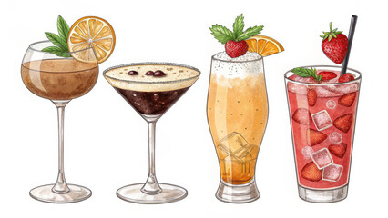 Refreshing cocktails in various styles, featuring vibrant colors and garnishes like fruits and mint. Perfect for summer gatherings or celebrations, these drinks evoke sense of joy and relaxation