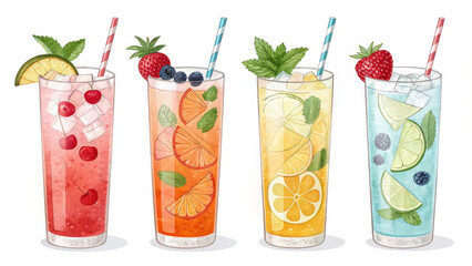 Refreshing and vibrant assortment of colorful drinks featuring strawberries, blueberries, mint, and citrus fruits. Perfect for summer gatherings or parties, these beverages are visually appealing