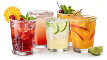 Refreshing cocktails in vibrant colors, featuring variety of fruits and garnishes, perfect for summer gatherings or celebrations. Each drink offers unique flavor and visual appeal