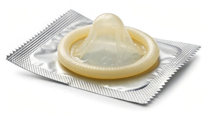 Transparent latex condom is displayed in its packaging, showcasing its rolled up design. This emphasizes safety and protection, highlighting its essential role in sexual health