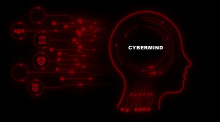 Cybermind artificial intelligence brain network data processing technology concept with digital icons for security finance and partnership glowing red on black background - Powered by Adobe