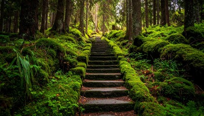 Fototapeta premium Moss-covered stone steps ascend through a lush, green forest path with tall trees and soft, diffused light