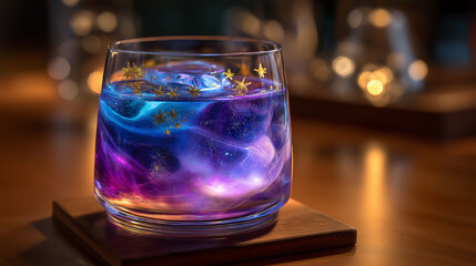 A creative cocktail shaped like a galaxy swirl, glowing purple and blue colors inside the glass, with small edible stars floating on top