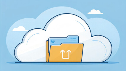 Digital cloud symbolizes boundless storage, featuring yellow folder with upload icon, representing data transfer and accessibility in modern, tech savvy environment