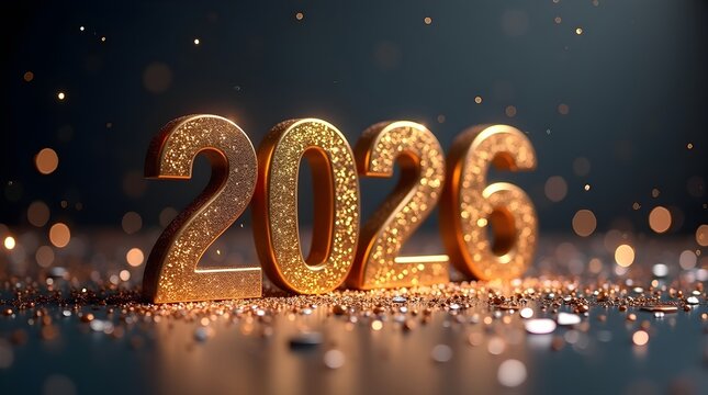 Golden year two thousand twenty six with bokeh lights and glitter on a dark reflective surface, happy new year of 2026 ,holly day,