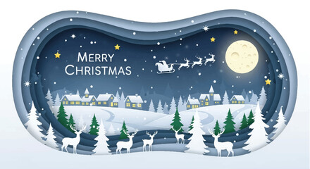 Festive paper-cut illustration depicting a snowy Christmas scene with Santa's sleigh, reindeer, and a village.
