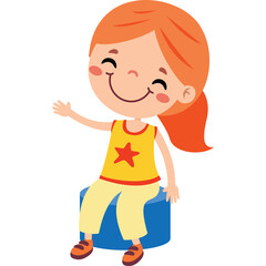 Cheerful ginger haired little girl wearing a yellow top with a red star and light yellow pants sitting on a blue stool waving happily with a big smile isolated on a transparent background