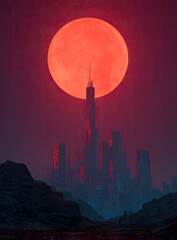 A futuristic cityscape under the glow of an oversized red moon, with sleek skyscrapers and neon lights casting long shadows over the rugged terrain.