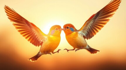 Adorable birds kissing at sunset conveying love, romance, and affectionate bond