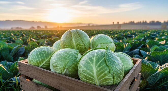 A wooden crate filled with fresh green cabbage heads in a field at sunset.
