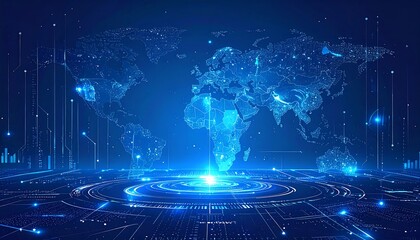 Luminous blue world map projection with radiating light beams and circular data patterns, futuristic tech feel