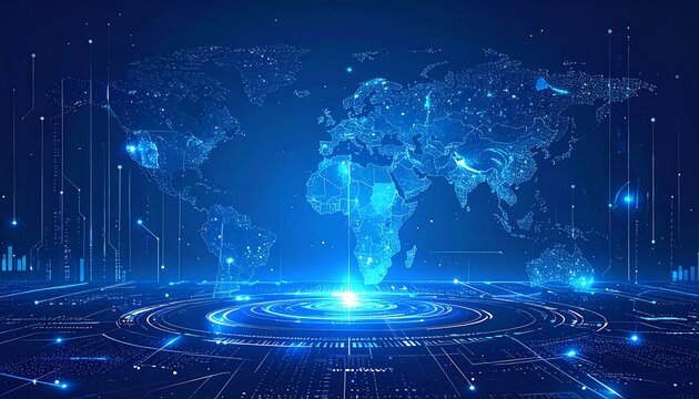 Luminous blue world map projection with radiating light beams and circular data patterns, futuristic tech feel