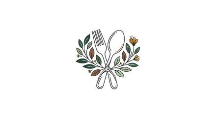 Botanical Dining Emblem. A refined illustration of fork, spoon, and knife encircled by symmetrical leafy branches and golden blooms—evoking themes of nature, hospitality, and culinary elegance.