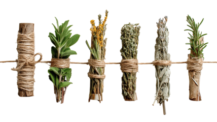 Medicinal herb bundles tied with twine minimal flat lay on transparent background