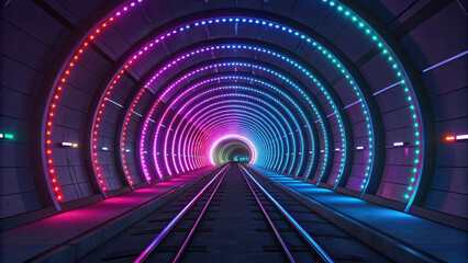 Vibrant tunnel illuminated with colorful LED lights creates mesmerizing visual experience. dynamic patterns of light pulse along walls, enhancing sense of depth and movement