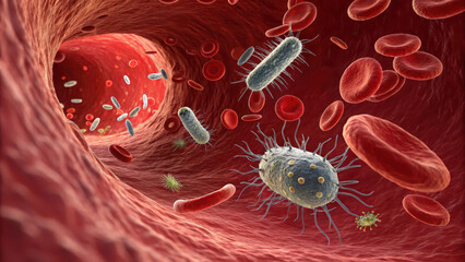Microscopic realm teeming with tiny bacteria and microorganisms, showcasing vibrant environment within blood vessel. intricate details highlight interaction between bacteria and red blood cells