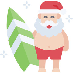 Cheerful Santa Claus Character in Red Shorts and Hat Holding a Green Surfboard with White Stripes on a Transparent Background