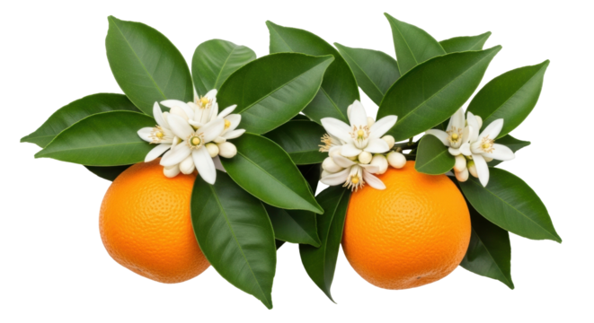 Isolated vibrant oranges with delicate blossoms and green leaves against a bright backdrop