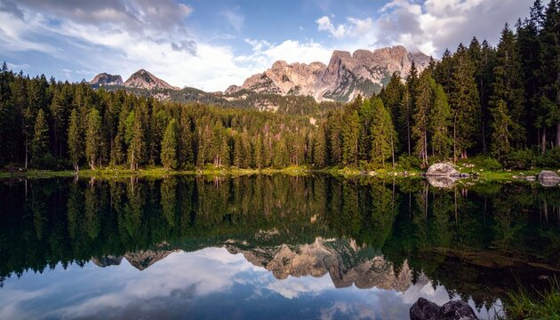 A serene alpine lake perfectly mirrors a dense evergreen forest and majestic, rocky mountains under a dramatic sky with scattered clouds.