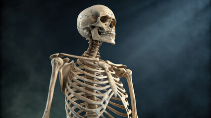 Skeletal figure meticulously articulated and presented in dramatic lighting setting, showcasing intricate details of bones and structure. image evokes sense of curiosity and fascination