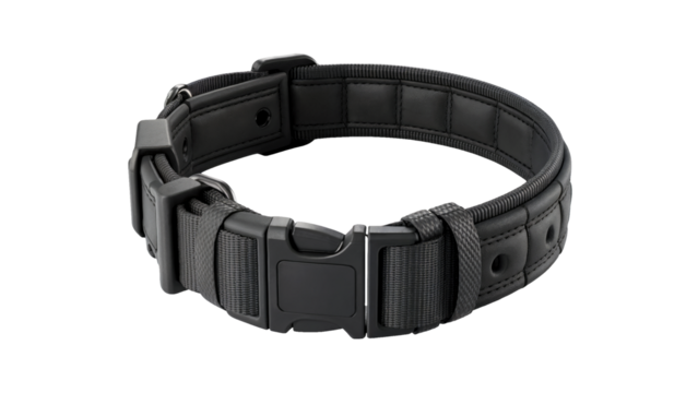Durable tactical dog collar with quick release buckle for secure training and outdoor adventures isolated on white or transparent png.
