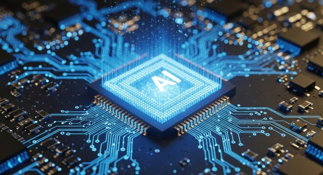 A computer chip with the letters 'AI' in the center, emitting a blue glow.