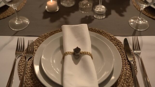 Elegant dinner table place setting with a napkin ring and candlelight.