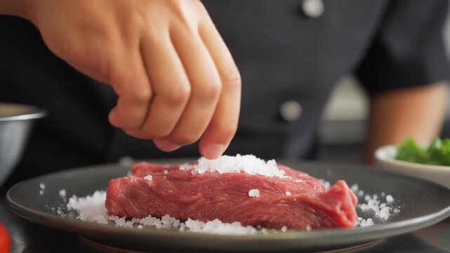 Chef's hand sprinkling coarse salt on a raw steak for seasoning.