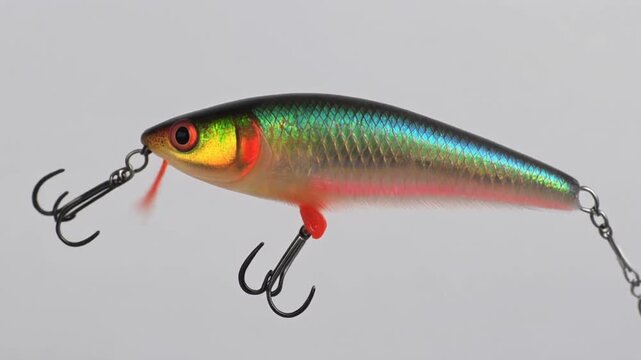A colorful, iridescent fishing lure shaped like a minnow against a light background.