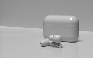 Airpod wireless earphone noise cancelling technology with charging case. Bluetooth headphones gadgets and electronic devices.