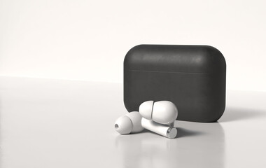 Airpod wireless earphone noise cancelling technology with charging case. Bluetooth headphones gadgets and electronic devices.