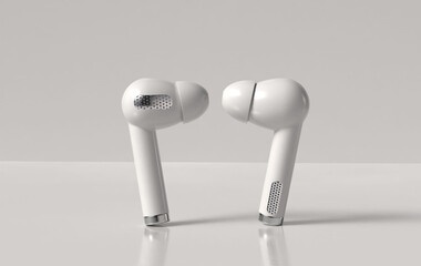 Airpod wireless earphone noise cancelling technology with charging case. Bluetooth headphones gadgets and electronic devices.