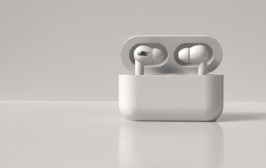 Airpod wireless earphone noise cancelling technology with charging case. Bluetooth headphones gadgets and electronic devices.