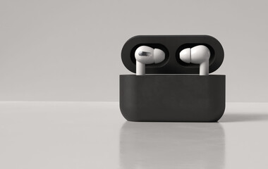 Airpod wireless earphone noise cancelling technology with charging case. Bluetooth headphones gadgets and electronic devices.