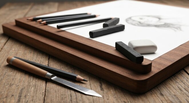 Wooden drawing board with pencils, charcoal, and eraser