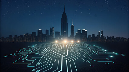 Futuristic city skyline illuminated at night, featuring circuit board design in foreground. scene blends technology and urban life, creating captivating visual experience