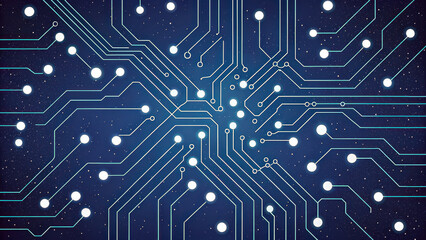 Vibrant abstract circuit board pattern with glowing lines and nodes against dark starry background, evoking sense of technology and innovation