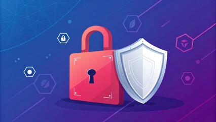 Vibrant digital realm features bold red lock icon alongside protective shield, symbolizing security and safety in technology. This conveys sense of trust and protection in digital landscape