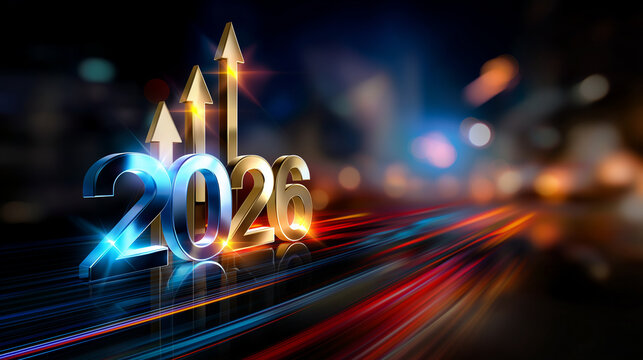 Abstract defocused background with glowing “2026” numerals and ascending arrows symbolizing business development and motivation, with copy space.