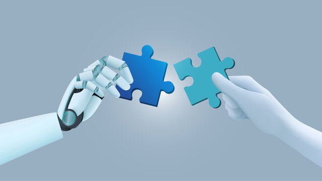 Ai hand and human hand hold jigsaw solving puzzle.  Ai solve problem. Strategy for success. puzzle connect achievement. Artificial Intelligence and Human Collaboration.