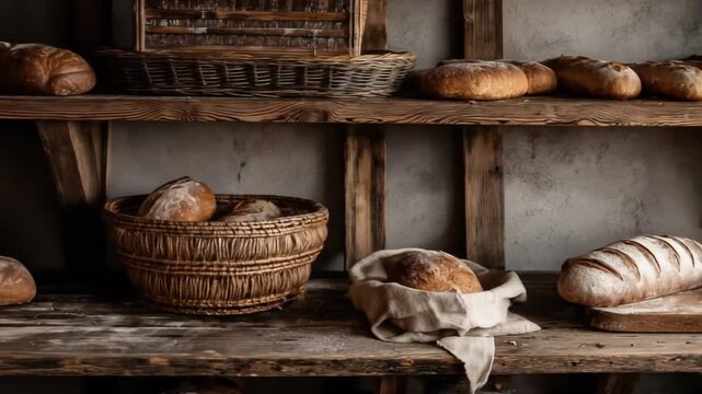 Artisanal bread displayed on wooden shelves in rustic interior