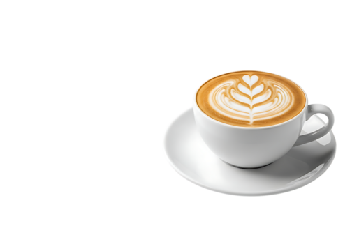 A delicious latte coffee with intricate foam art in a white cup and saucer isolated on transparent background